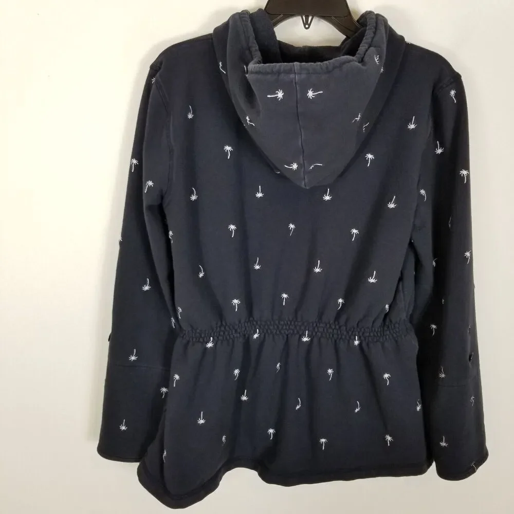 Talbots Women French Terry Palm Tree Embroidered Full Zip‎ Hoodie Sz M Navy Blue